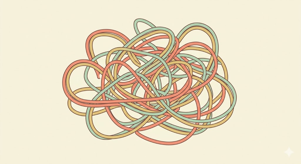 Simple minimalist illustration of tangled strings becoming straight, representing the untangling of emotional thoughts