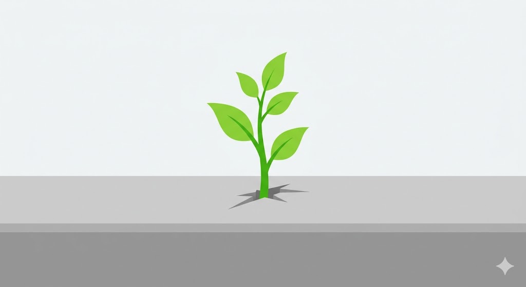 A minimalist illustration of a single green leaf sprouting from a cracked stone, representing the difficulty and beauty of growth after leaving a toxic environment.