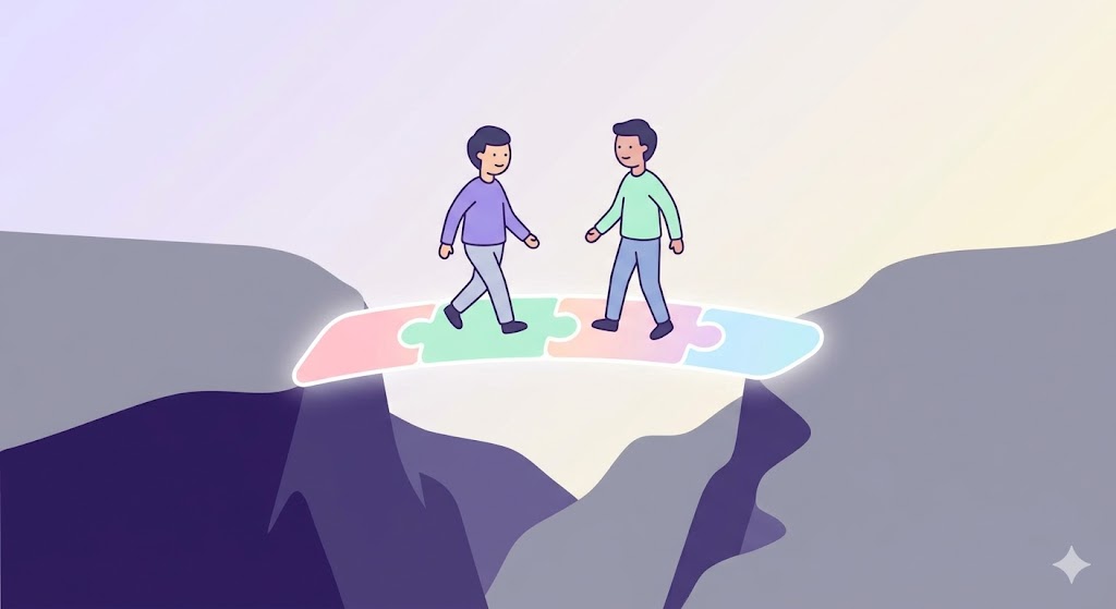 A simple illustration of a person stepping off a digital screen onto a solid stone path.