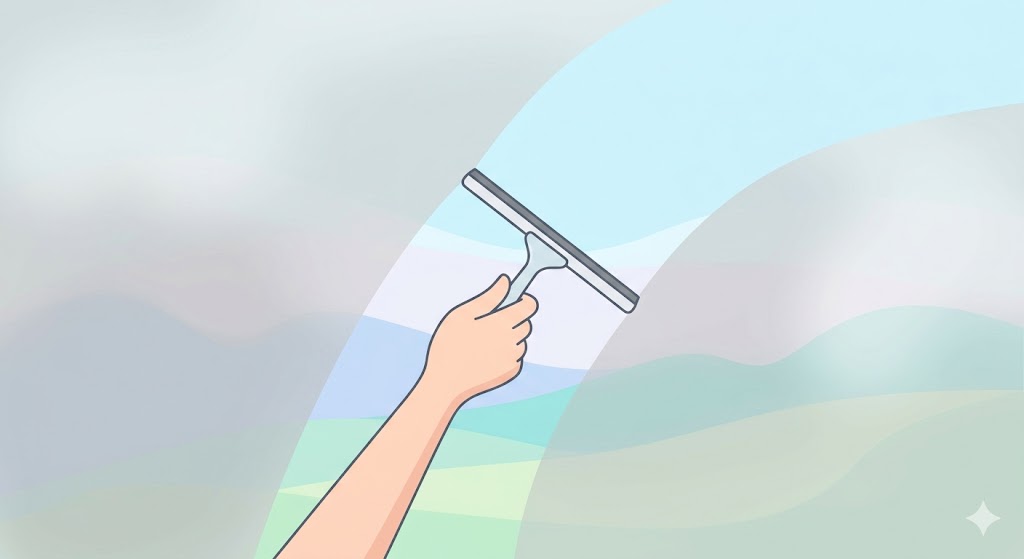 Minimalist conceptual illustration of a person wiping a foggy window to reveal a clear, bright landscape